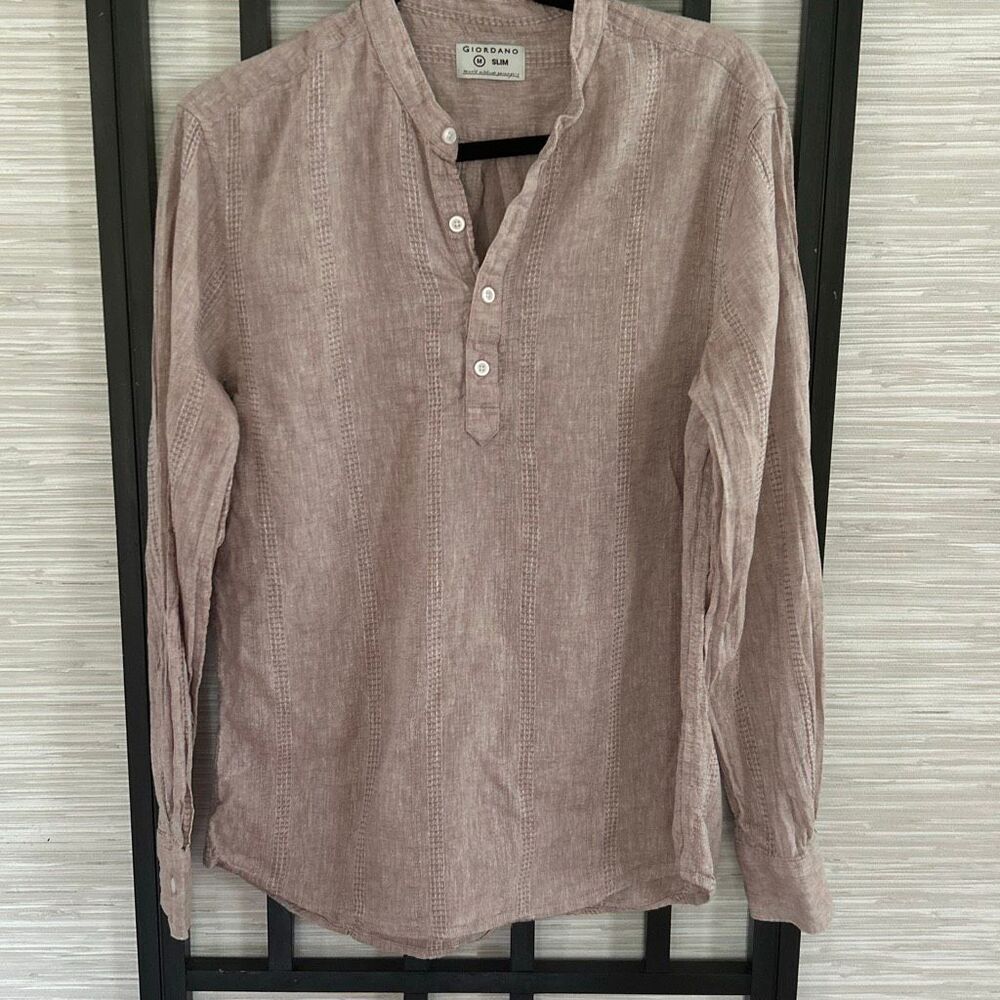Giordano men's slim fit move linen blend half button down shirt long sleeve size